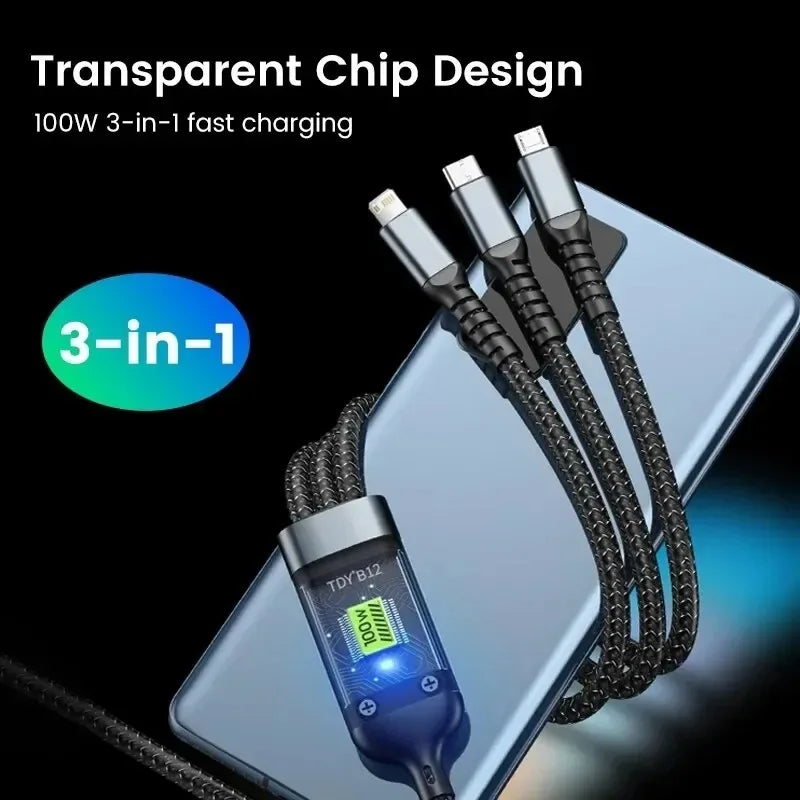 100W Transparent Three In One Super Fast Charging Data Cable