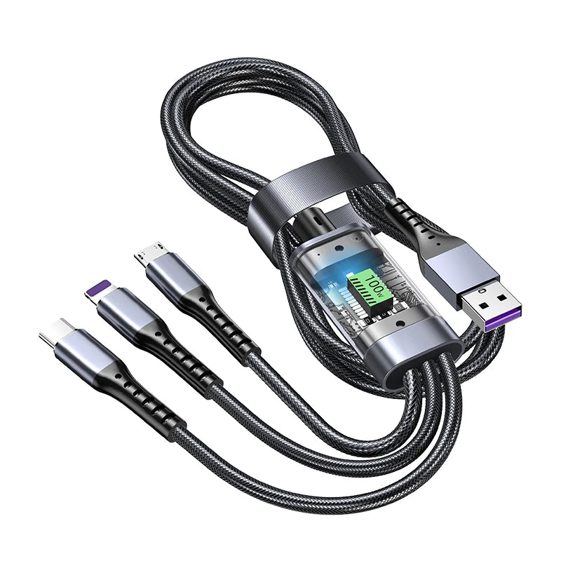 100W Transparent Three In One Super Fast Charging Data Cable