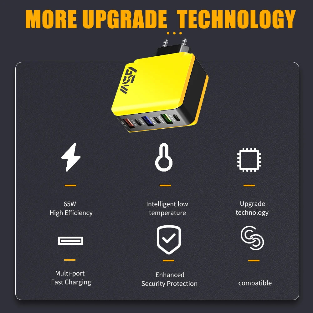 Chargeur mural rapide USB-C 65 W 6 ports